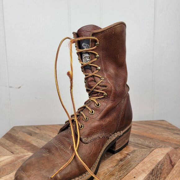 GEORGIA BOOT 8M USA BROWN LEATHER LACE UP KILTIE WESTERN TRUCKER FARM BOOTS